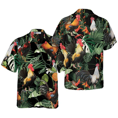Happy Rooster Hawaiian Shirt, Tropical Leaves Rooster Aloha Shirt For Men - Perfect Gift For Rooster Lovers, Husband, Boyfriend, Friend, Family