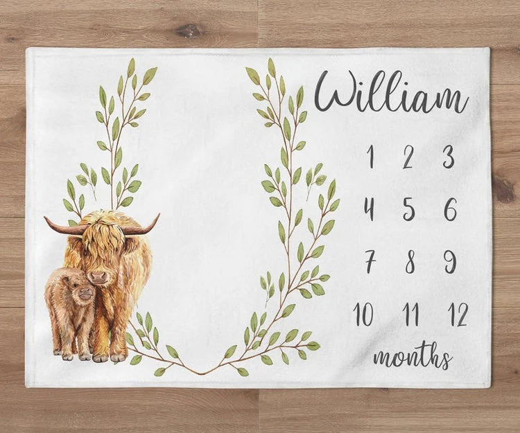 Highland Cow Baby Milestone Blanket With Customized Name For Baby Girl Boy Nursery, Daughter, Granddaughter, Son, Grandson, Month Gifts - Image 2