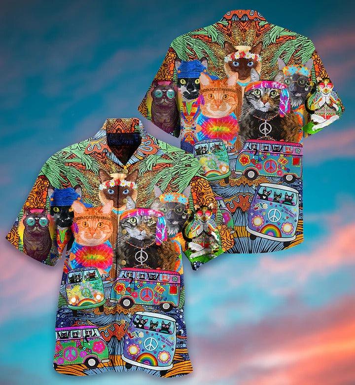 Hippie Aloha Hawaiian Shirt - Hippie Cats Peace Love Life Color Hawaiian Shirt For Summer - Perfect Gift For Friend, Family - Image 3