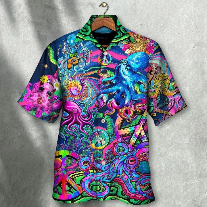 Hippie Aloha Hawaiian Shirt - Hippie Funny Octopus Colorful Tie Dye Style Hawaiian Shirt For Summer - Perfect Gift For Friend, Family