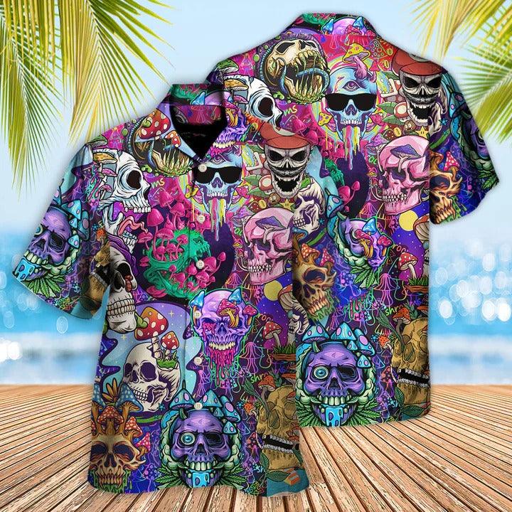 Hippie Aloha Hawaiian Shirt - Hippie Mushroom And Skull Colorful Art Hawaiian Shirt For Summer - Perfect Gift For Friend, Family