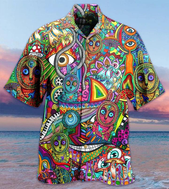Hippie Aloha Hawaiian Shirt - Hippie Mushroom Mix Peace Life Color Hawaiian Shirt For Summer - Perfect Gift For Friend, Family