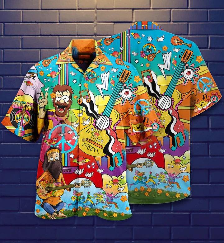 Hippie Aloha Hawaiian Shirt - Hippie Music Guitar Peace Life Color Hawaiian Shirt For Summer - Perfect Gift For Friend, Family