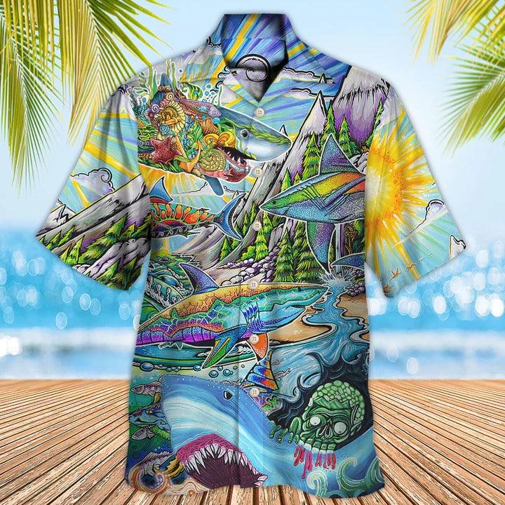 Hippie Aloha Hawaiian Shirt - Hippie Shark Colorful Art Peace Hawaiian Shirt For Summer - Perfect Gift For Friend, Family
