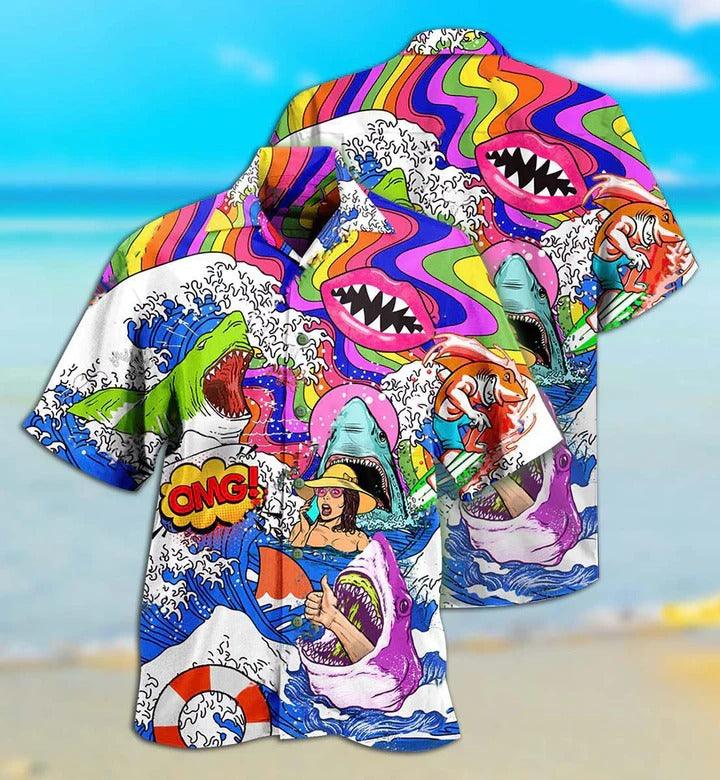 Hippie Aloha Hawaiian Shirt - Hippie Shark Hippie Shark And Girl Hawaiian Shirt For Summer - Perfect Gift For Friend, Family