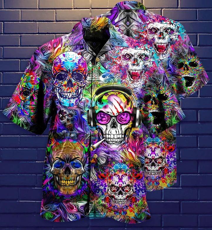 Hippie Aloha Hawaiian Shirt - Hippie Skull Color Flowers Hawaiian Shirt For Summer - Perfect Gift For Friend, Family