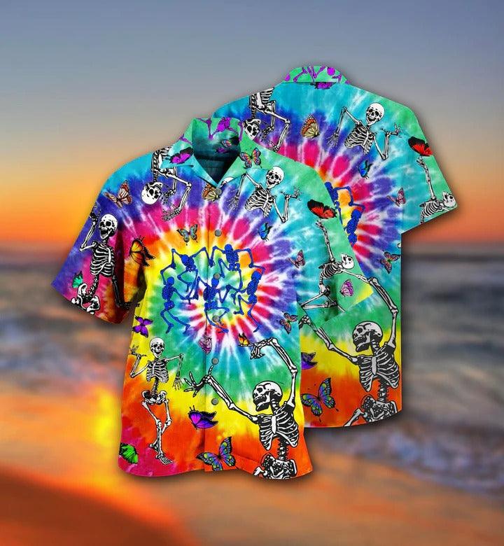 Hippie Aloha Hawaiian Shirt - Hippie Skull Dancing With Butterfly Funny Hawaiian Shirt For Summer - Perfect Gift For Friend, Family - Image 2
