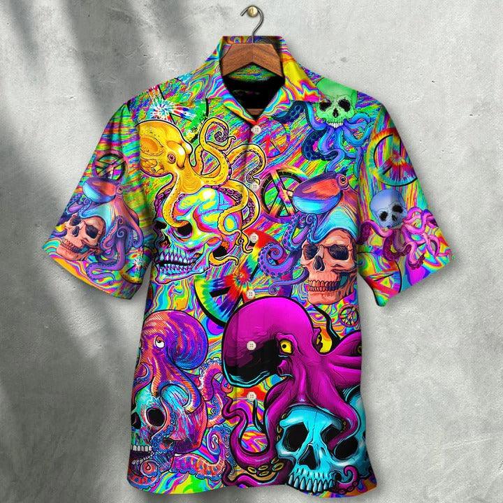 Hippie Aloha Hawaiian Shirt - Hippie Skull Octopus Colorful Tie Dye Hawaiian Shirt For Summer - Perfect Gift For Friend, Family