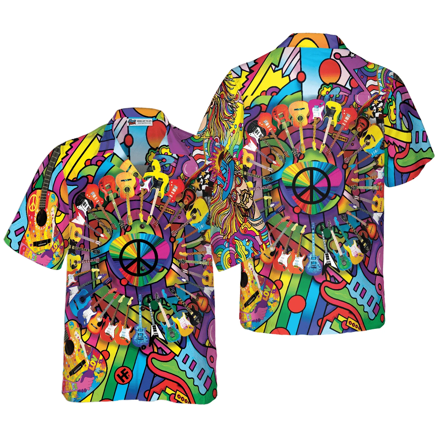 Hippie Guitars Hawaiian Shirt, Colorful Summer Aloha Shirt For Men Women, Perfect Gift For Friend, Family, Team, Guitar Lovers