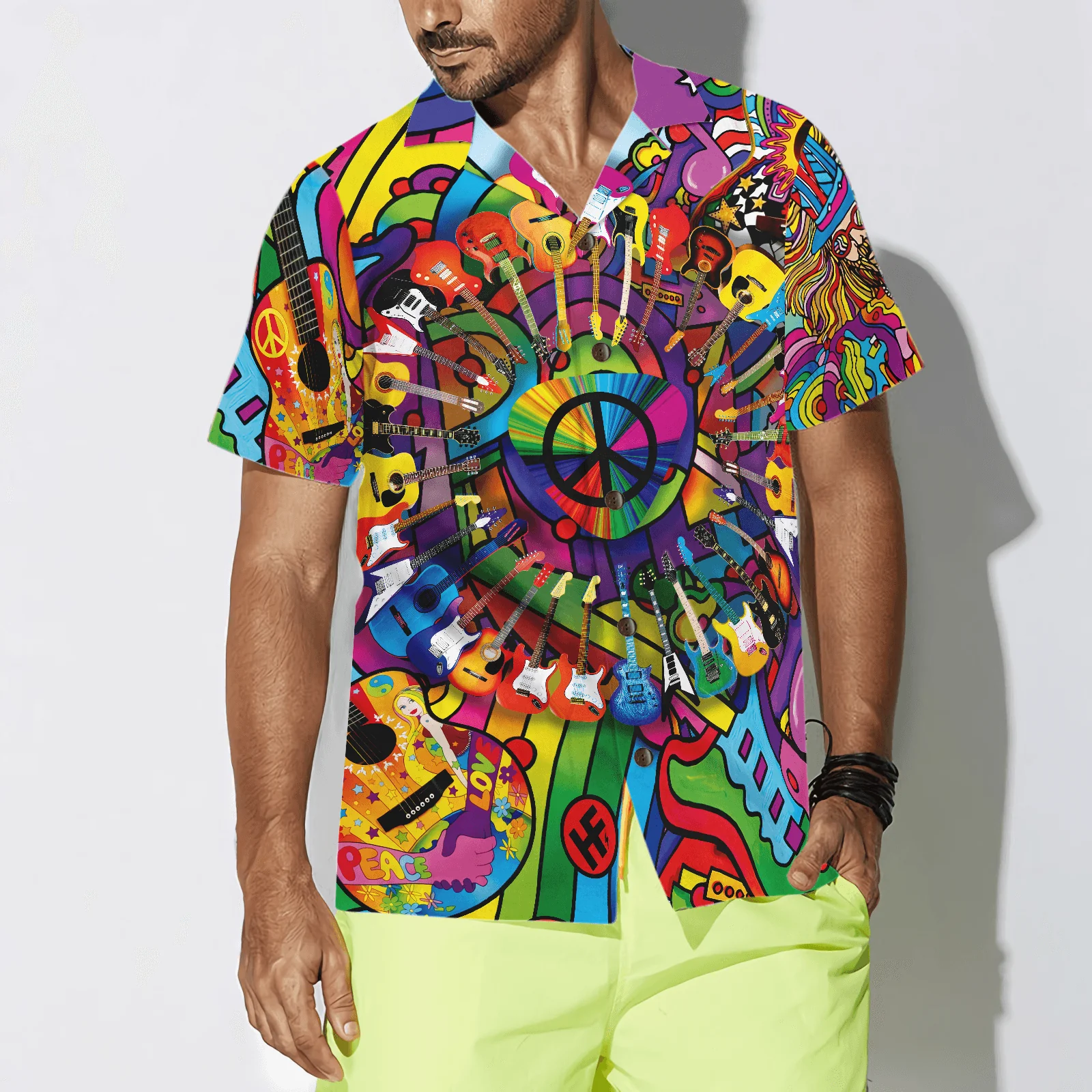 Hippie Guitars Hawaiian Shirt, Colorful Summer Aloha Shirt For Men Women, Perfect Gift For Friend, Family, Team, Guitar Lovers - Image 4