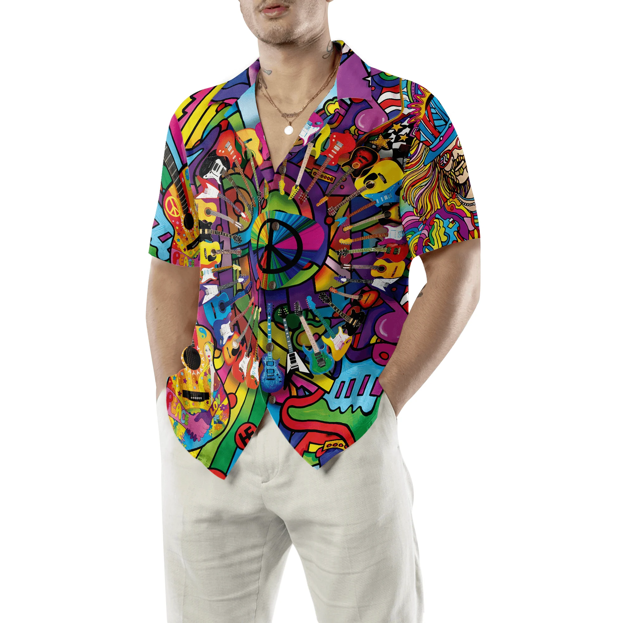 Hippie Guitars Hawaiian Shirt, Colorful Summer Aloha Shirt For Men Women, Perfect Gift For Friend, Family, Team, Guitar Lovers - Image 5