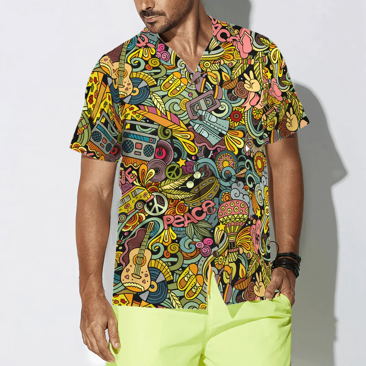 Hippie Hawaiian Shirt - Hippie Style Doodles Illustration Hawaiian Shirt - Perfect Gift For Husband, Boyfriend, Friend, Family - Image 2