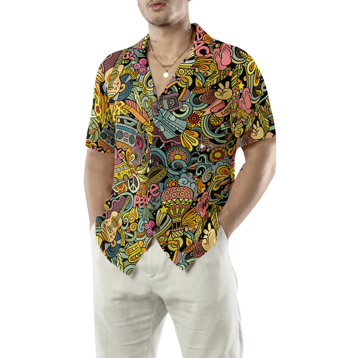 Hippie Hawaiian Shirt - Hippie Style Doodles Illustration Hawaiian Shirt - Perfect Gift For Husband, Boyfriend, Friend, Family - Image 5