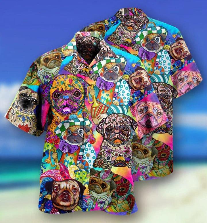 Hippie Pug Aloha Hawaii Shirt - Pug Dogs Colorful Cute Hawaiian Shirt For Summer - Perfect Gift For Dog Lovers, Friend, Family