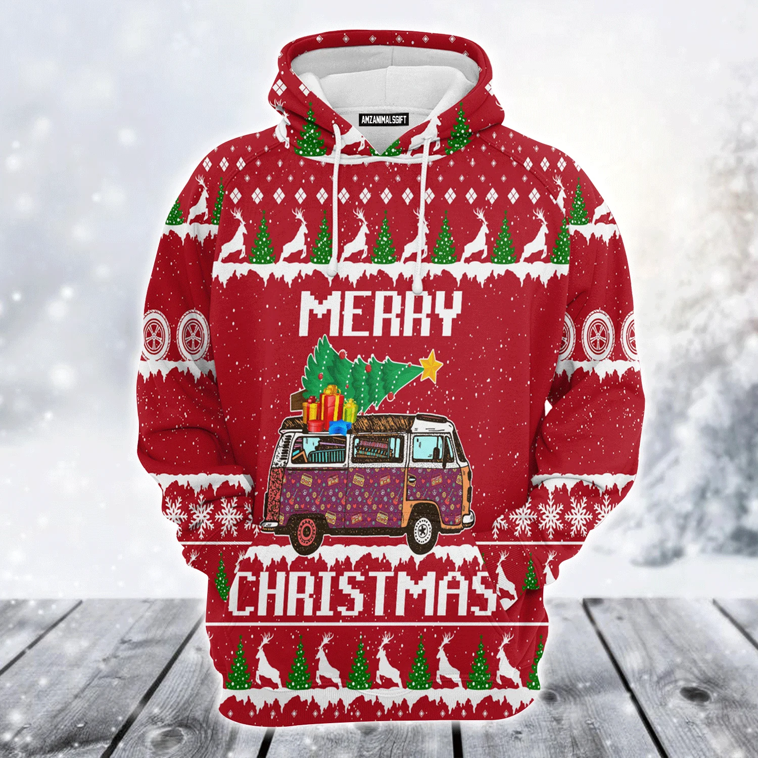Hippie Style Xmas Premium Christmas Hoodie, Hippie Car Merry Christmas Unisex Hoodie For Men & Women - Perfect Gift For Christmas, Hippie Style Lovers - Image 2