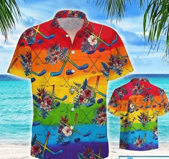 Hockey LGBT Aloha Hawaiian Shirts For Summer, Hockey Tropical Colorful Rainbow LGBT Hawaiian Shirts, Pride Gift For Gaymer And Lesbian, Hockey Lovers