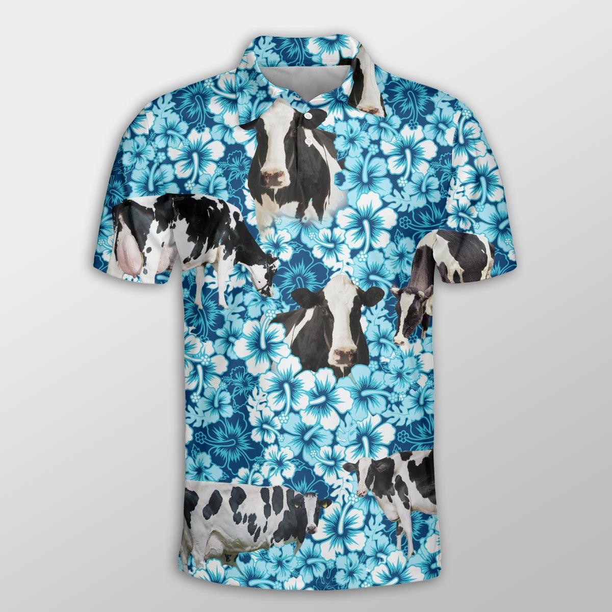 Holstein Men Polo Shirts - Holstein Blue Hibiscus Pattern Shirt For Men - Perfect Gift For Holstein Lovers, Cattle Lovers
