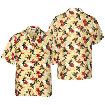 Honey Bee Hexagon Hawaiian Shirt,  Bee And Red Flowers Aloha Shirt For Men - Perfect Gift For Husband, Boyfriend, Friend, Family