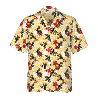 Honey Bee Hexagon Hawaiian Shirt,  Bee And Red Flowers Aloha Shirt For Men - Perfect Gift For Husband, Boyfriend, Friend, Family - Image 2