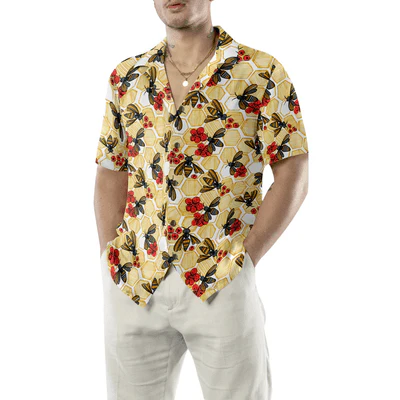 Honey Bee Hexagon Hawaiian Shirt,  Bee And Red Flowers Aloha Shirt For Men - Perfect Gift For Husband, Boyfriend, Friend, Family - Image 4