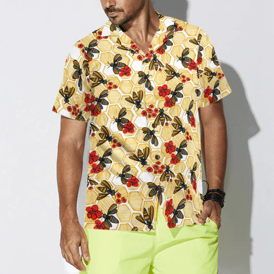 Honey Bee Hexagon Hawaiian Shirt,  Bee And Red Flowers Aloha Shirt For Men - Perfect Gift For Husband, Boyfriend, Friend, Family - Image 5