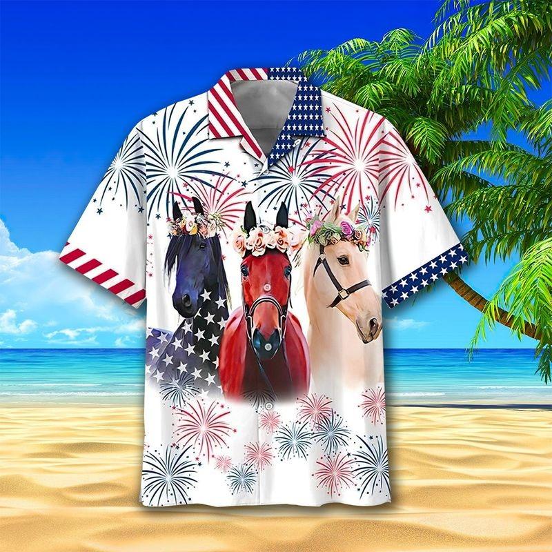 Horse Cattle Aloha Hawaiian Shirt - Horse And Flowers Hawaiian Shirt, USA Flag Independence Day Fireworks Hawaiian Shirt For Men & Women - Image 2