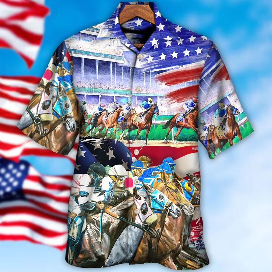 Horse Hawaiian Shirts For Summer - Horse American Flag Horse Racing Hawaiian Shirt - Perfect Gift For Men, Horse Racing Lovers - Image 2