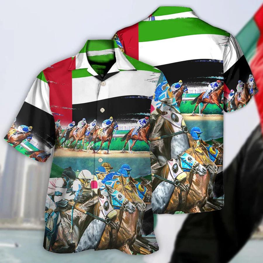 Horse Hawaiian Shirts For Summer - UAE Flag Horse Racing Amazing Seat Lover Hawaiian Shirt - Perfect Gift For Men, Horse Racing Lovers