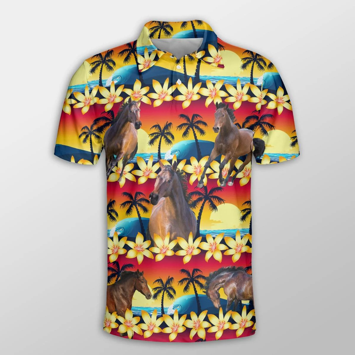 Horse Men Polo Shirts For Summer - Horse Beach Sunset Pattern Button Shirts For Men - Perfect Gift For Horse Lovers, Cattle Lovers