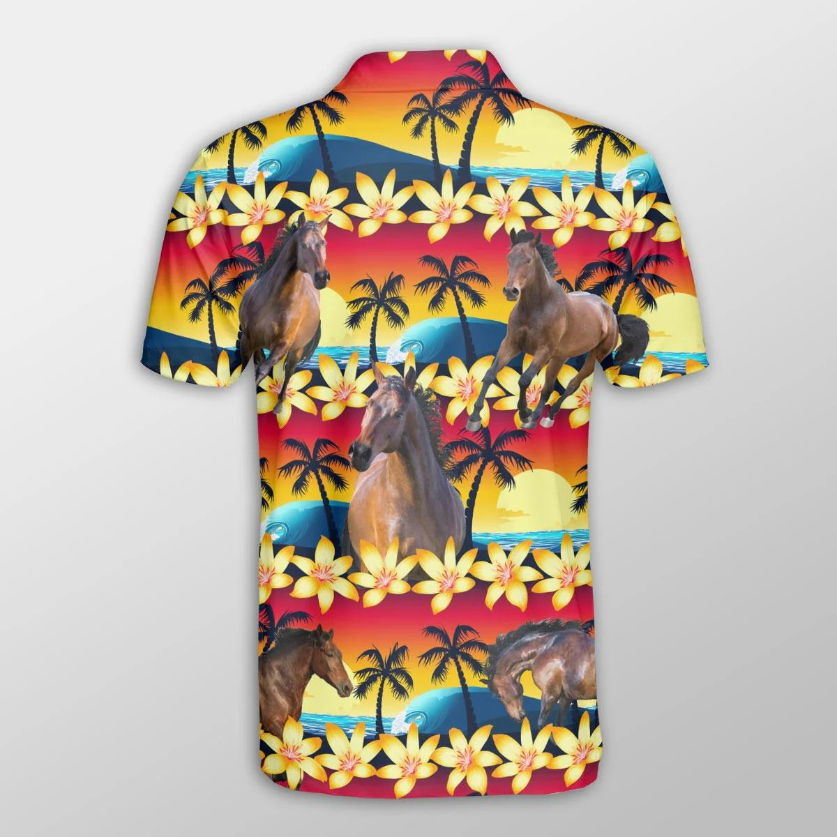 Horse Men Polo Shirts For Summer - Horse Beach Sunset Pattern Button Shirts For Men - Perfect Gift For Horse Lovers, Cattle Lovers - Image 2