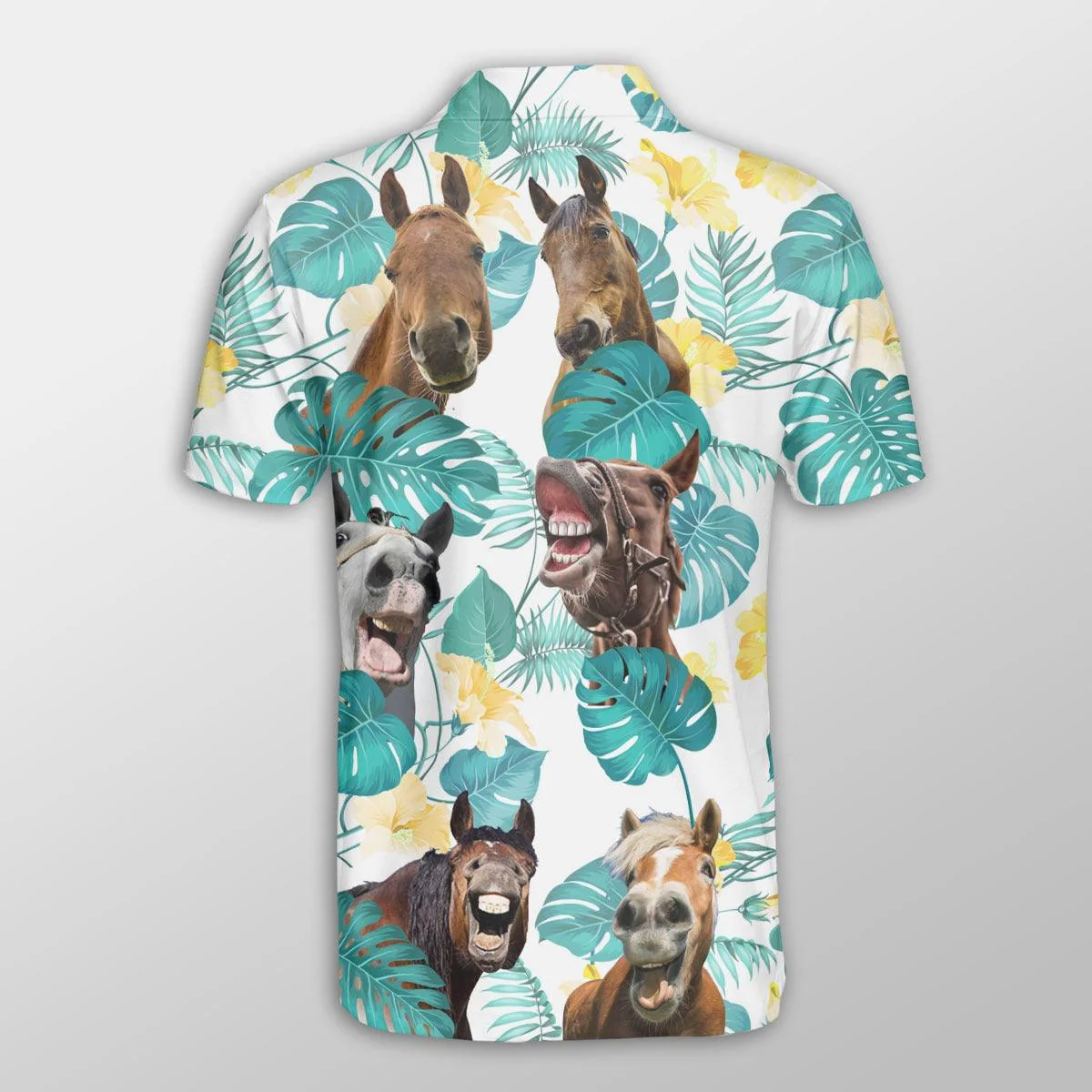 Horse Men Polo Shirts For Summer - Horse In Tropical Leaves Pattern Button Shirts For Men - Perfect Gift For Horse Lovers, Summer Lovers - Image 2
