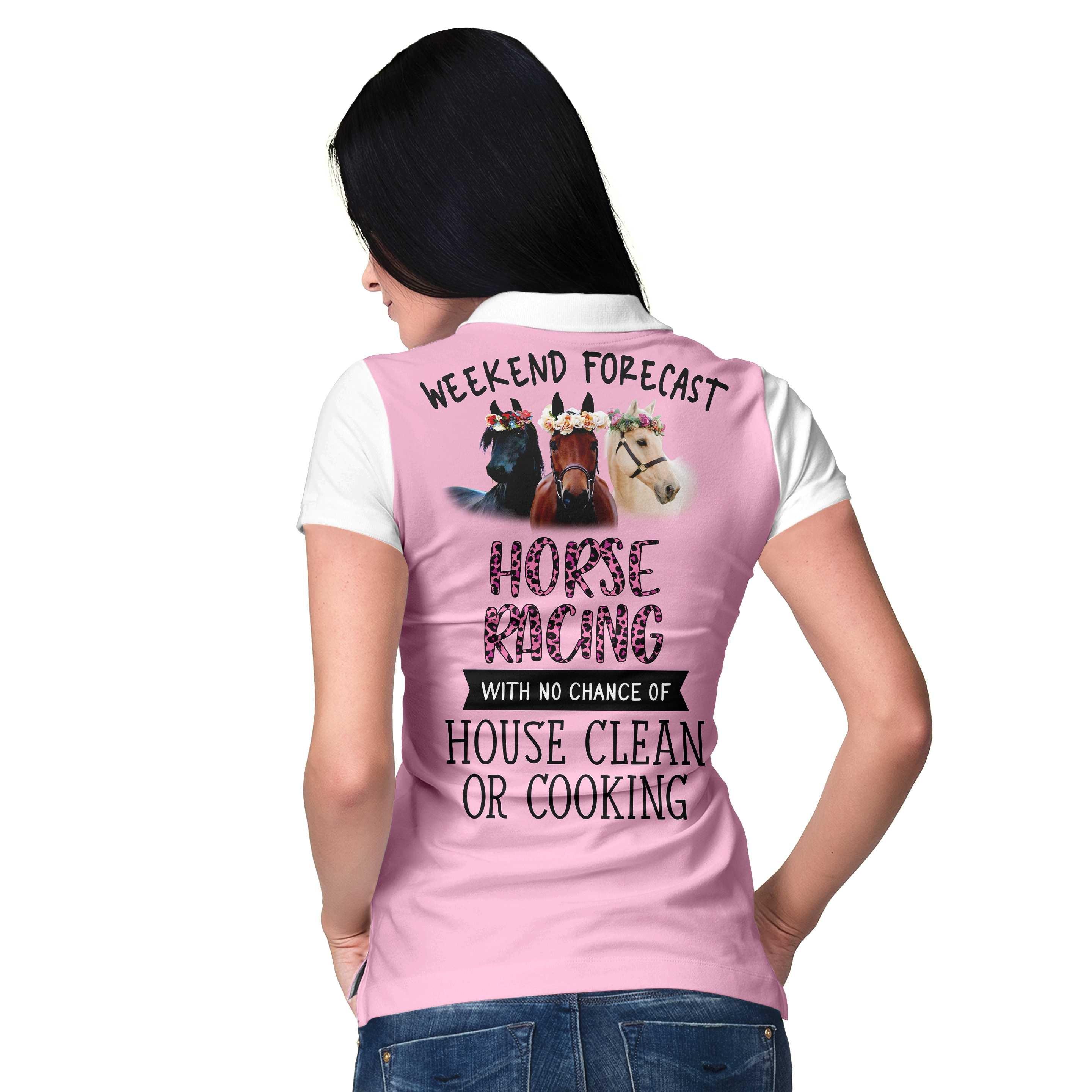 Horse Racing Custom Name Women Polo Shirt, Pink And White Weekend Forecast Personalized Women Polo Shirts, Gift For Ladies, Girls, Horse Racing Lovers - Image 4