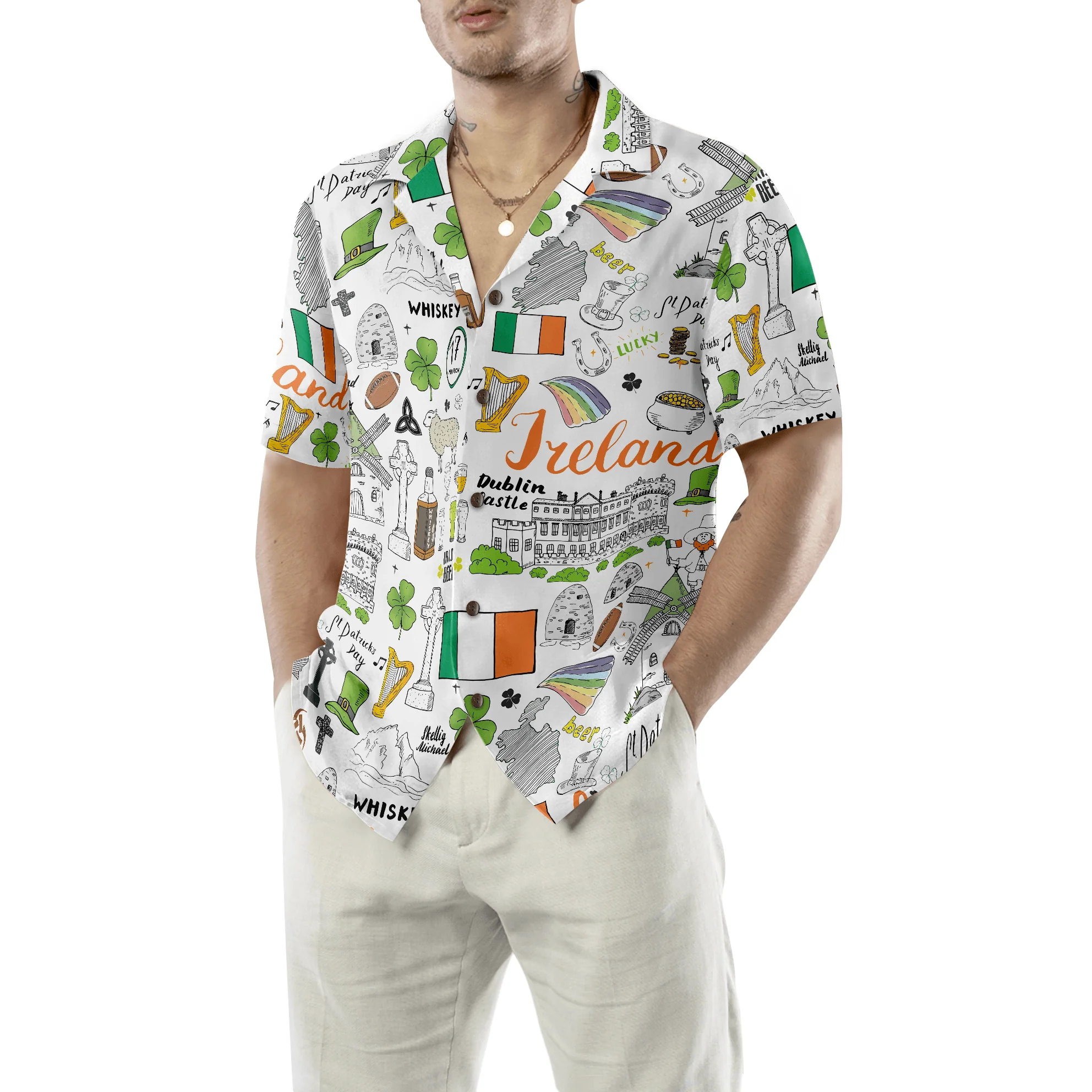 I Love Ireland Doodle Hawaiian Shirt, Colorful Summer Aloha Shirts For Men Women, Perfect Gift For Husband, Wife, Boyfriend, Girlfriend - Image 3
