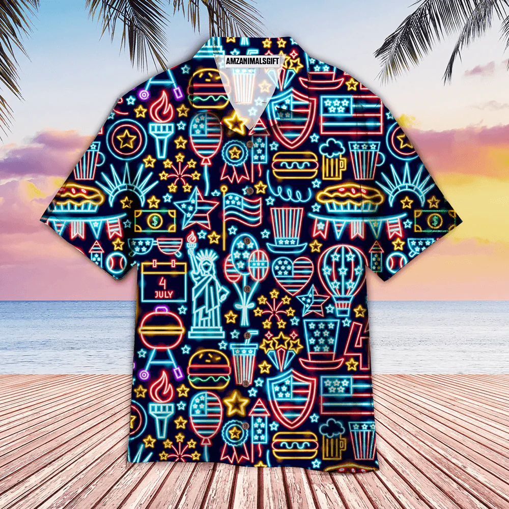 Independence Day Neon Style Aloha Hawaiian Shirts For Men Women, 4th July American Flag Hawaiian Shirt, Gift For Summer, Friend, Family, Patriot