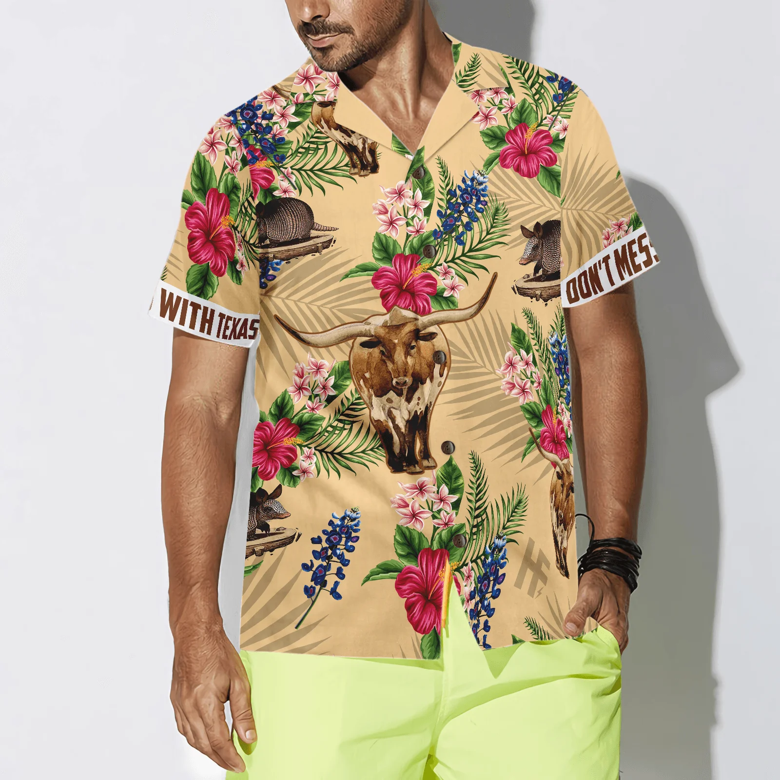 Insignia Bluebonnet Texas Hawaiian Shirt, Don't Mess With Texas Armadillo and Longhorn, Texas Home, Summer Aloha Shirt Perfect Gift For Men Women - Image 3
