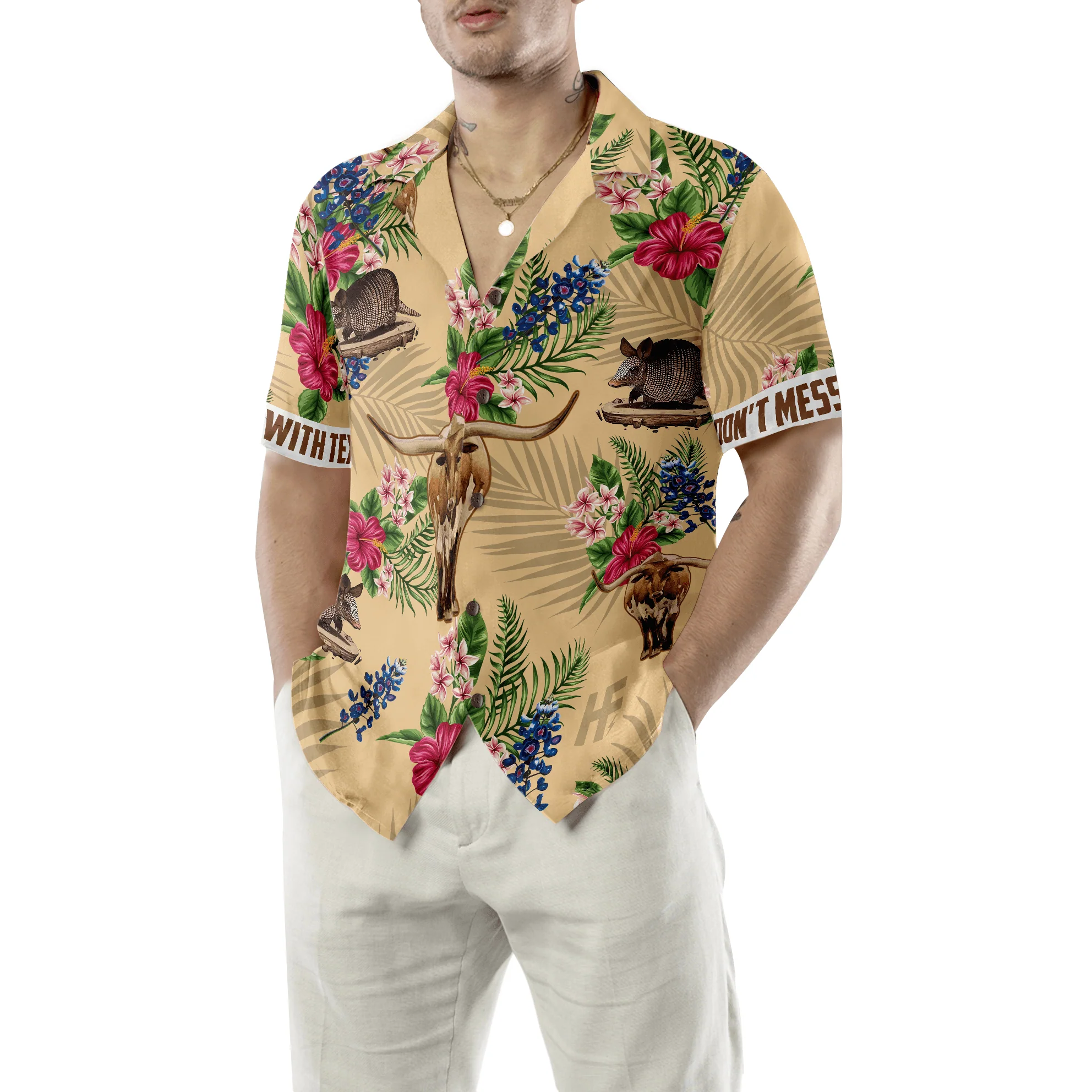 Insignia Bluebonnet Texas Hawaiian Shirt, Don't Mess With Texas Armadillo and Longhorn, Texas Home, Summer Aloha Shirt Perfect Gift For Men Women - Image 5