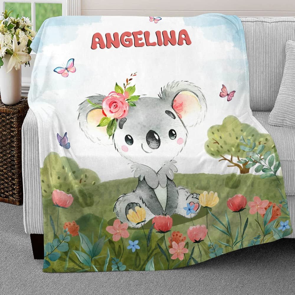 Koala And Flowers Butterfly Baby Kids Blanket With Custom Name For Baby Girl Nursery, Daughter, Granddaughter - Image 3