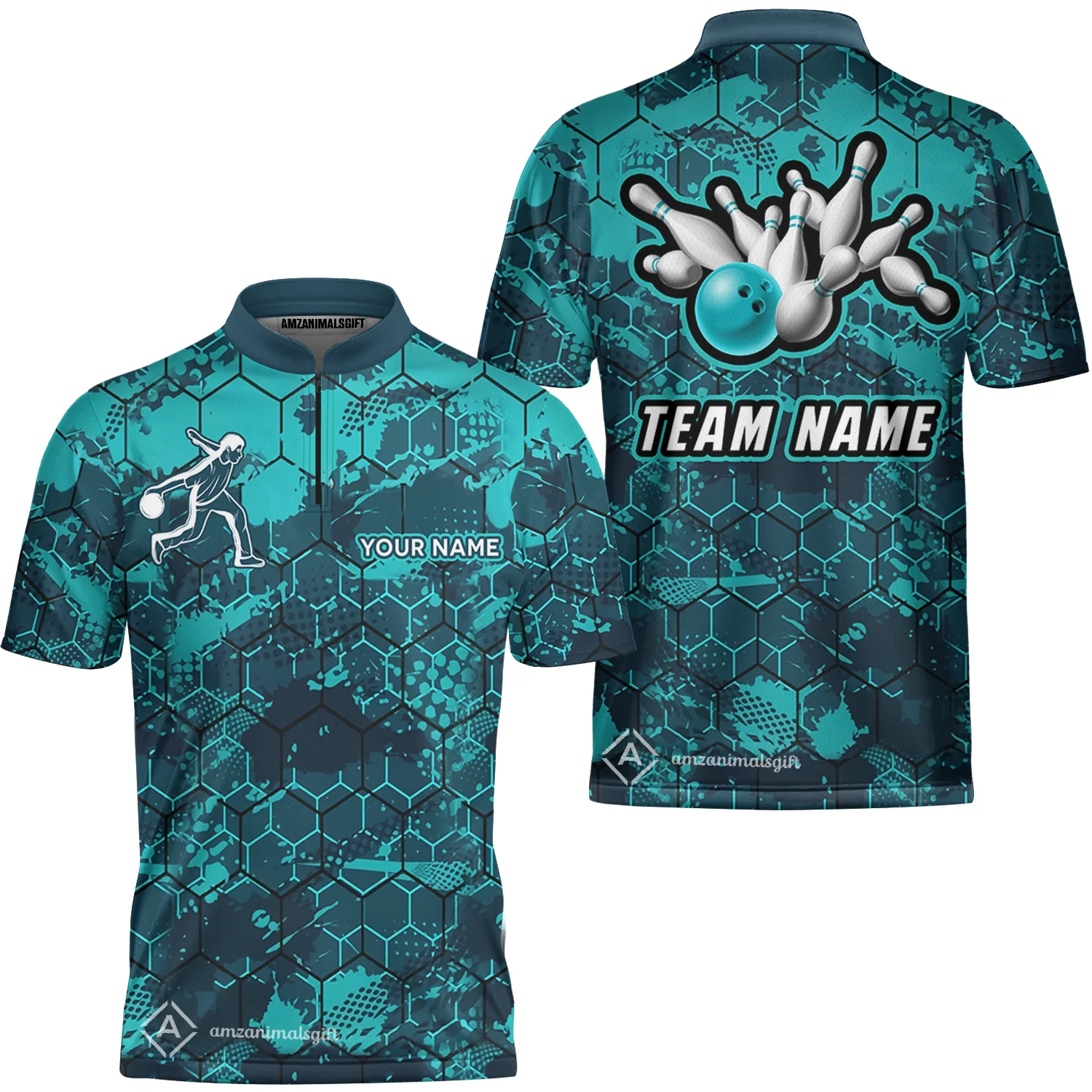 Customized Bowling Polo Shirt, Turquoise And Hexagon Pattern Bowling Polo Shirt, Perfect Outfit For Bowlers - Image 2