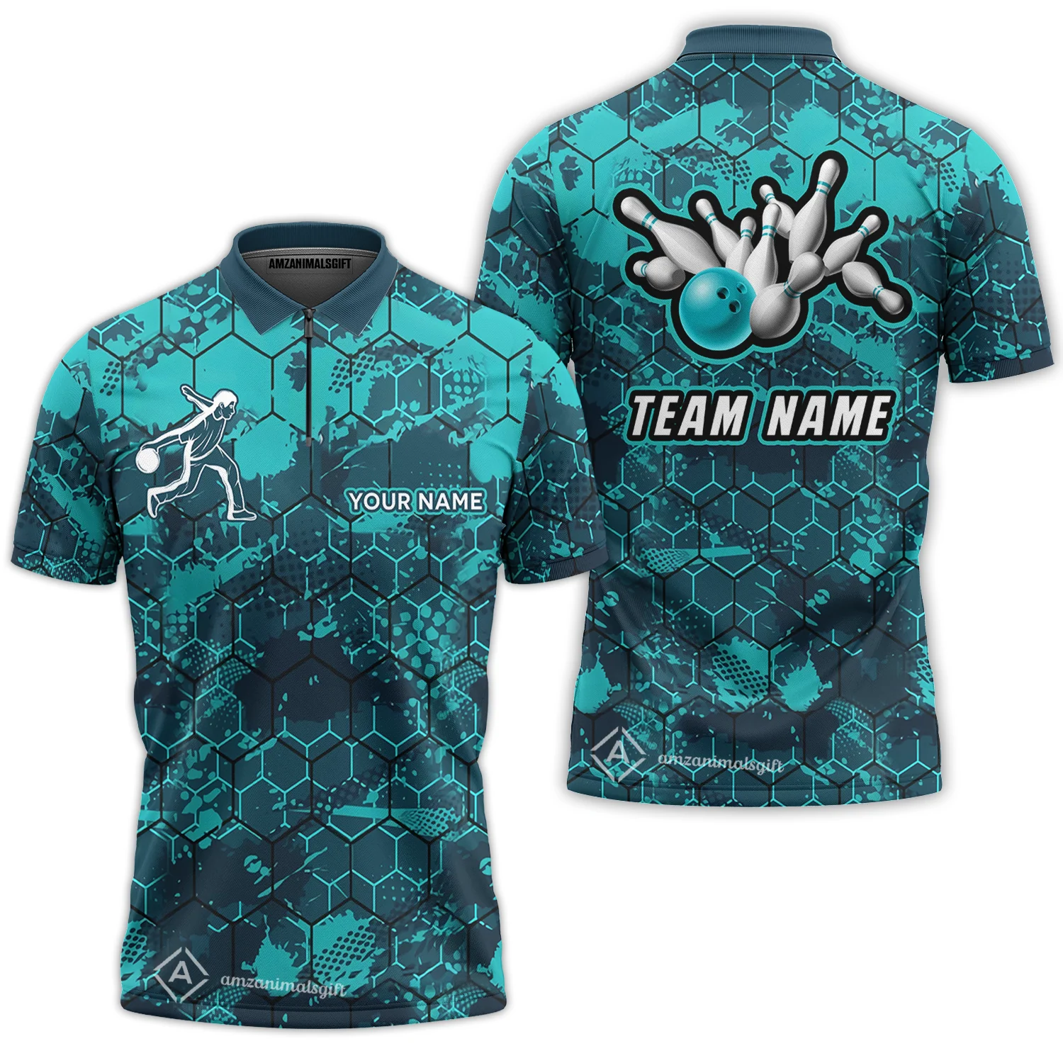Customized Bowling Polo Shirt, Turquoise And Hexagon Pattern Bowling Polo Shirt, Perfect Outfit For Bowlers - Image 3