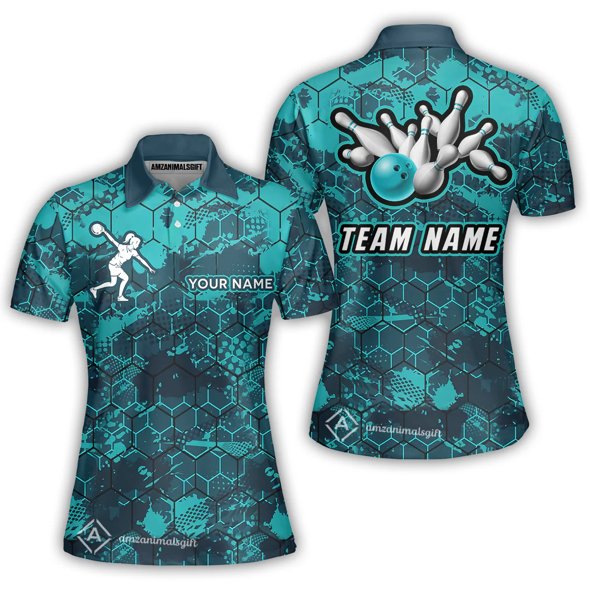 Customized Bowling Polo Shirt, Turquoise And Hexagon Pattern Bowling Polo Shirt, Perfect Outfit For Bowlers - Image 5