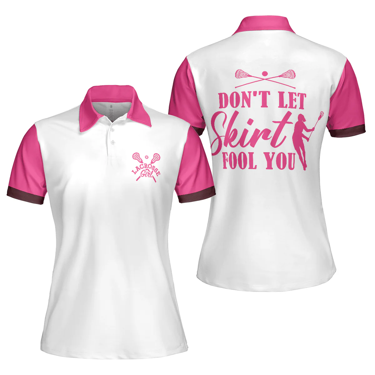 Lacrosse Women Polo Shirt, Don't Let Skirt Fool You White And Pink Lacrosse Women Polo Shirts, Best Gift For Lacrosse Lovers, Ladies - Image 2