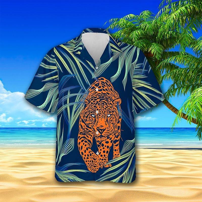 Leopard Aloha Hawaiian Shirt - Orange Leopard Hawaiian Shirt, Tropical Leaf Pattern Wildlife Animal Hawaiian Shirt For Men & Women, Leopard Lover - Image 2