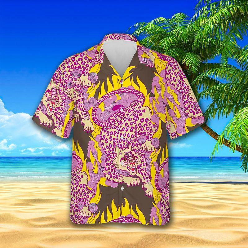 Leopard Aloha Hawaiian Shirts For Summer, Pink Leopard Pattern On Fire Wildlife Animal Hawaiian Set For Men Women, Gift For Leopard Lovers, Friend - Image 2