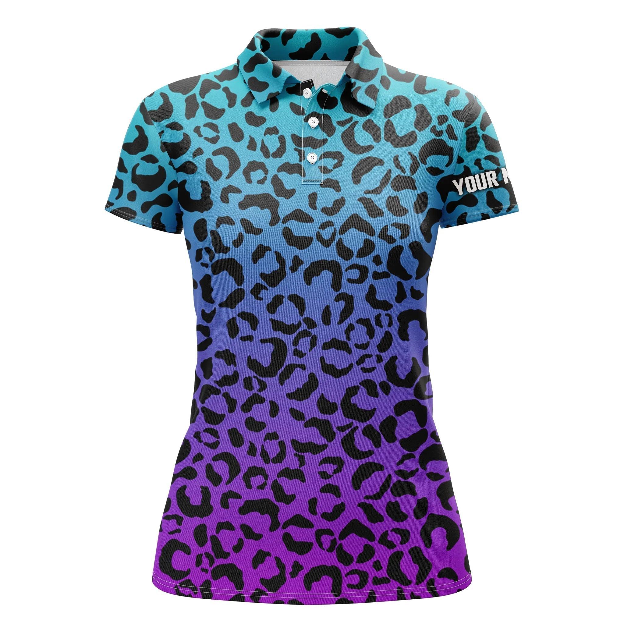 Leopard Pattern Custom Name Women Polo Shirt, Blue Purple Neon Leopard Pattern Personalized Outfit Women Polo Shirts, Gift For Ladies, Women - Image 2