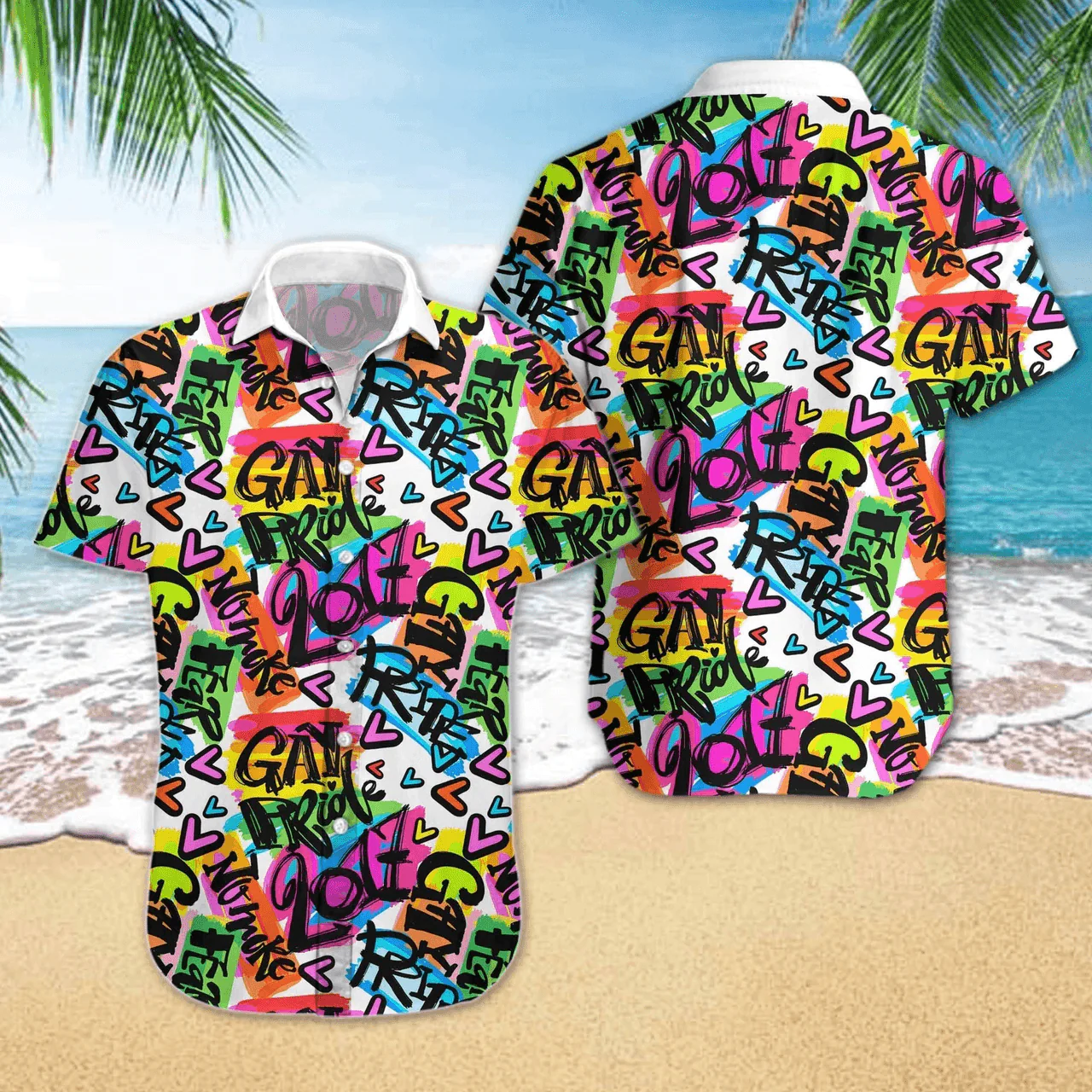 LGBT Aloha Hawaiian Shirts For Summer, Gay Pride Love Heart Colorful Rainbow LGBT Pride Hawaiian Shirts, Gift For Couple Gaymer And Lesbian
