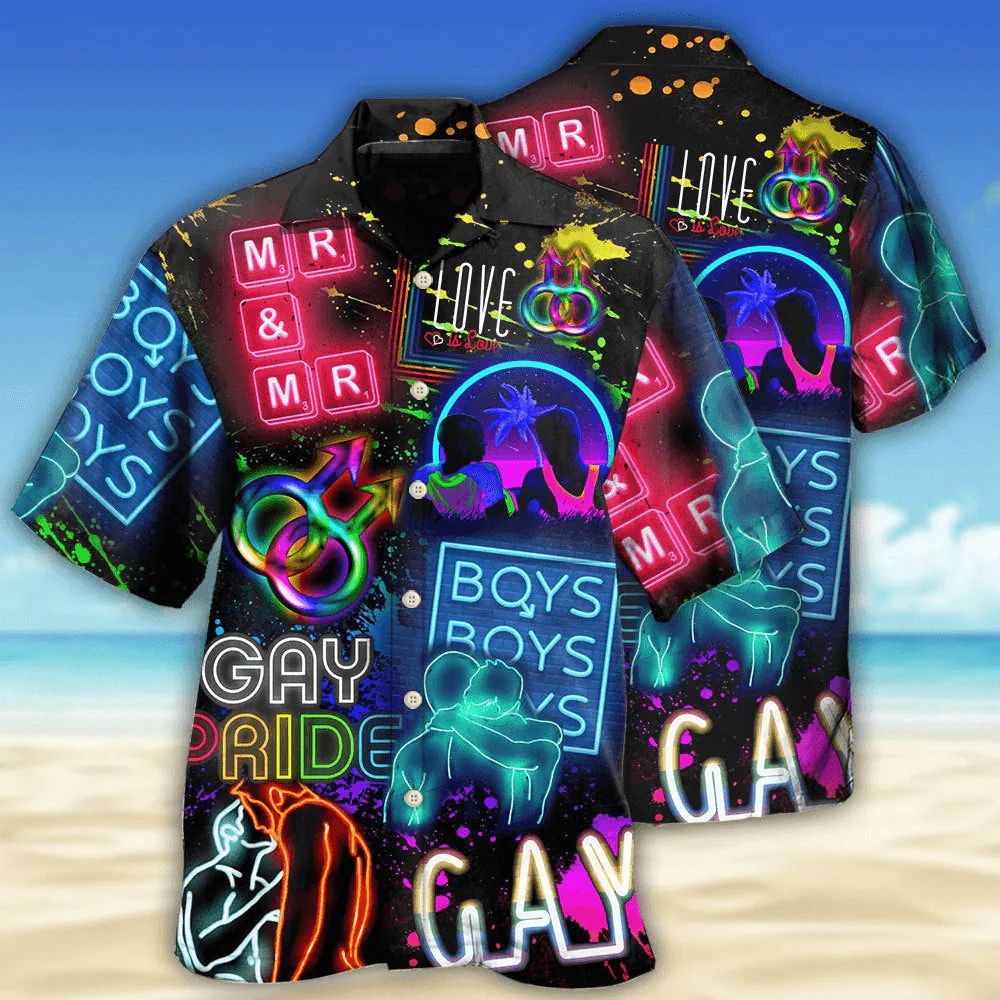 LGBT Aloha Hawaiian Shirts For Summer, Neon Art Boy Gay Pride Colorful Rainbow LGBT Hawaiian Shirts, Gift For Couple Gaymer And Lesbian