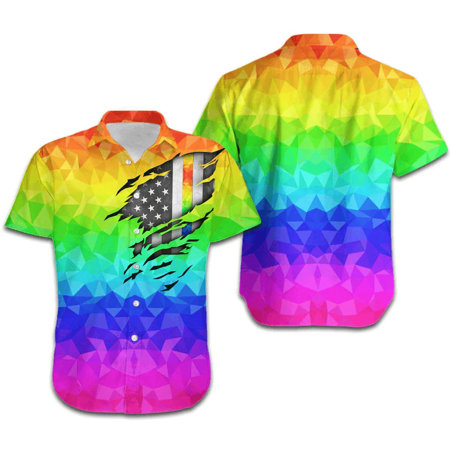 LGBT Aloha Hawaiian Shirts For Summer, Polygonal American Flag Inside Colorful Rainbow LGBT Hawaiian Shirts, Pride Gift For Gaymer And Lesbian