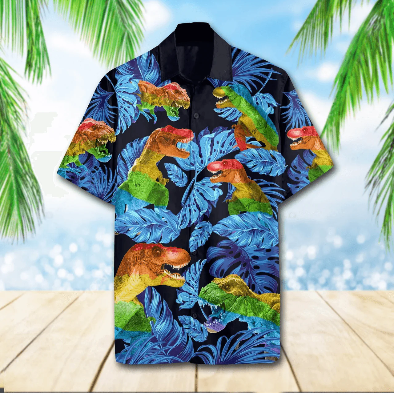 LGBT Aloha Hawaiian Shirts For Summer, T-Rex Tropical Colorful Rainbow LGBT Hawaiian Shirts, Pride Gift For Gaymer And Lesbian