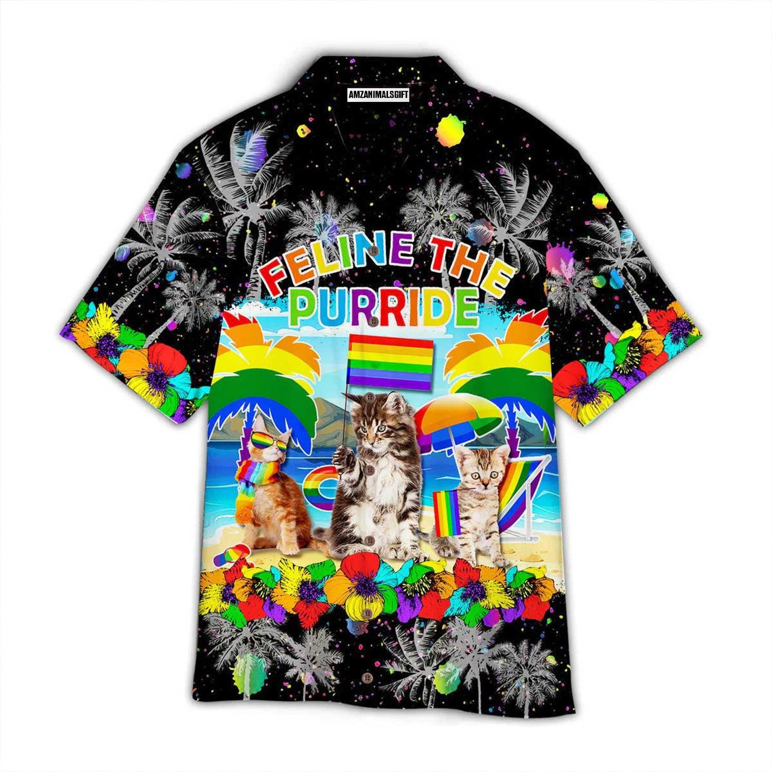 LGBT & Cat Aloha Hawaiian Shirts For Summer, Feline The Purride Happy LGBT Pride Month Colorful Rainbow Hawaiian Shirts, Gift For Gaymer And Lesbian