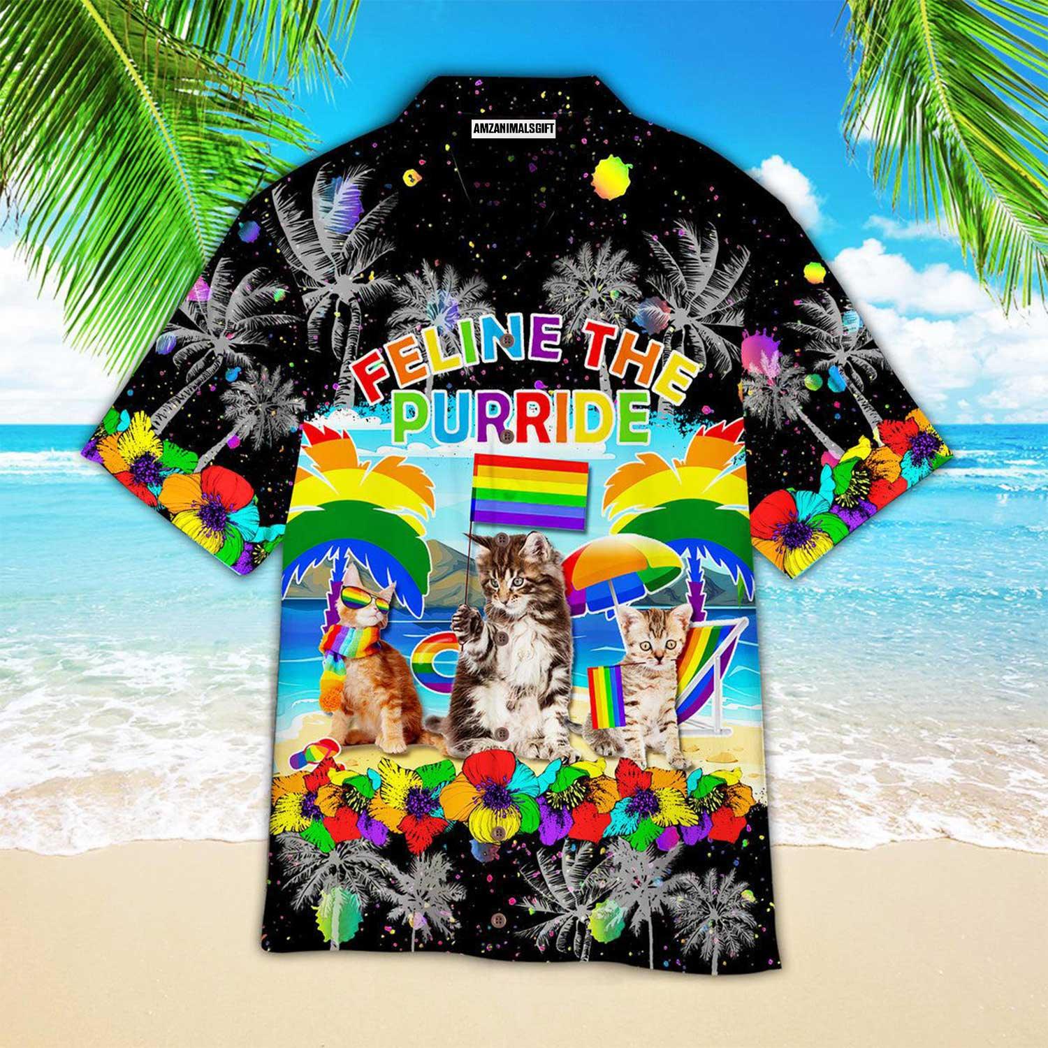 LGBT & Cat Aloha Hawaiian Shirts For Summer, Feline The Purride Happy LGBT Pride Month Colorful Rainbow Hawaiian Shirts, Gift For Gaymer And Lesbian - Image 2